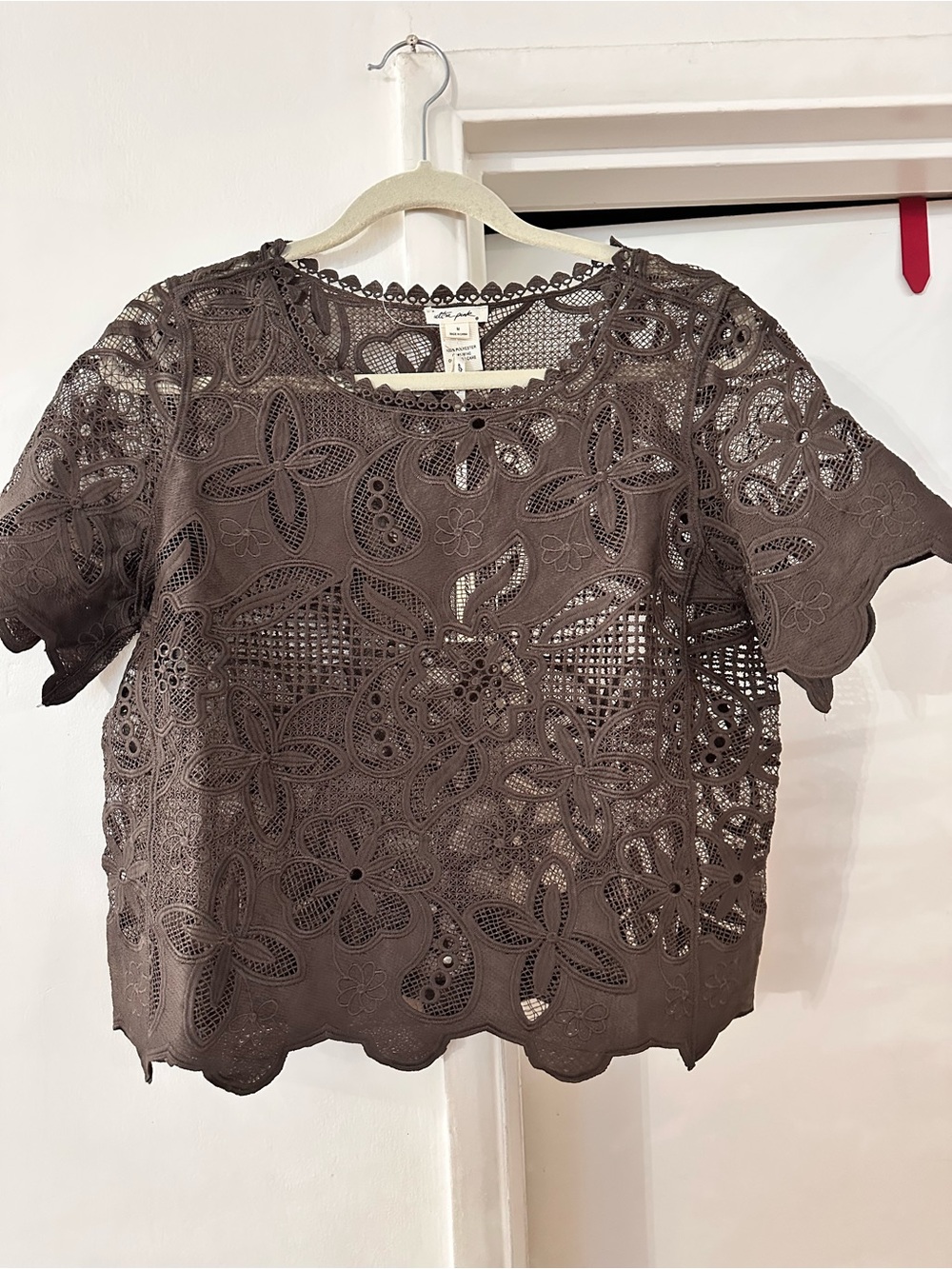 Ultra Pink Crochet Floral Lace Short Sleeve Top - Brown